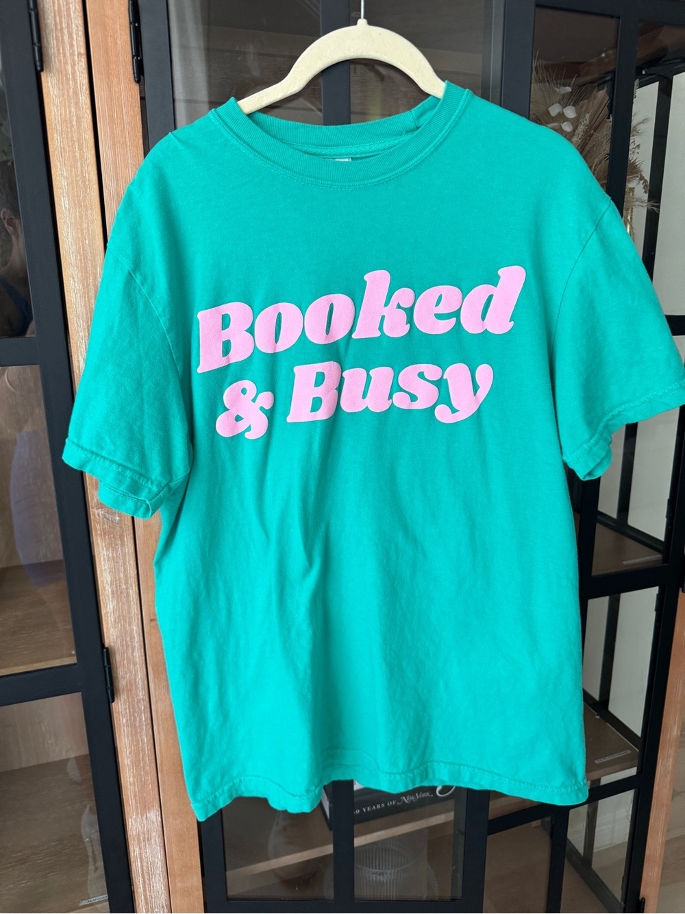 Booked & Busy comfort colors boxy tee teal puffy crewneck short sleeve